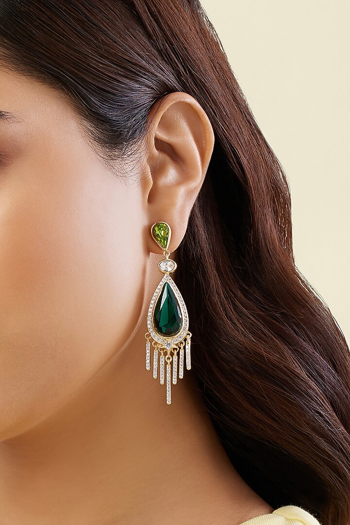 Gold Plated Green Crystal Zirconia Dangler Earrings by Isharya at Pernia's Pop Up Shop