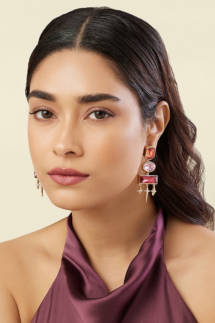 Gold Plated Pink Crystal Zirconia Dangler Earrings by Isharya at Pernia's Pop Up Shop
