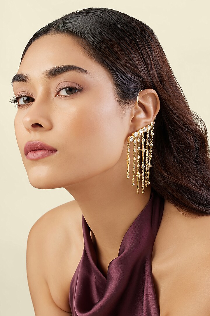 Gold Plated Crystal Zirconia Curtain Earrings by Isharya at Pernia's Pop Up Shop
