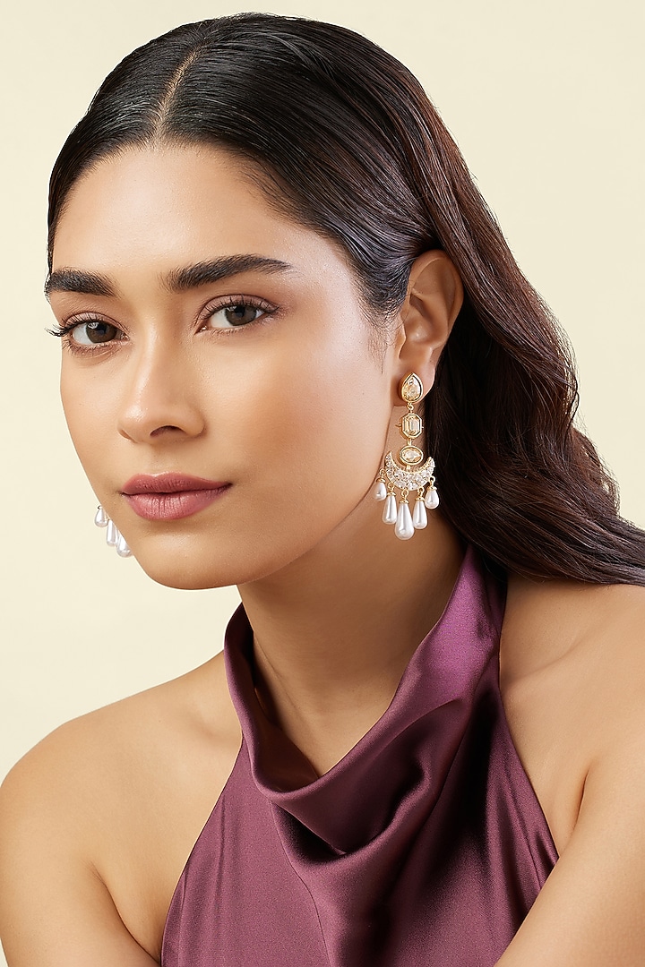 Gold Plated Crystal Zirconia & Pearl Dangler Earrings by Isharya at Pernia's Pop Up Shop