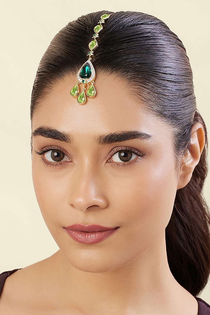 Gold Plated Green Crystal Zirconia Maangtikka by Isharya at Pernia's Pop Up Shop