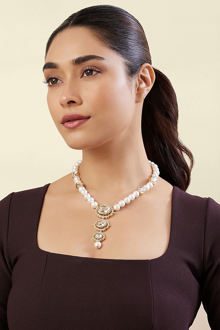 Gold Plated Crystal Zirconia & Pearl Necklace by Isharya at Pernia's Pop Up Shop