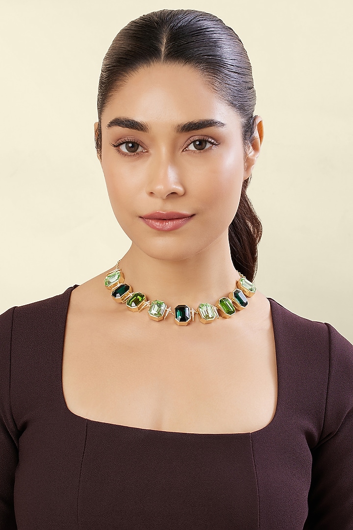 Gold Plated Green Crystal Zirconia Necklace by Isharya at Pernia's Pop Up Shop