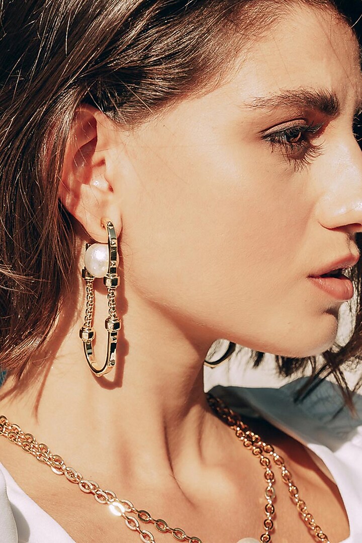 Gold Finish Pearl Hoop Earrings by Isharya at Pernia's Pop Up Shop