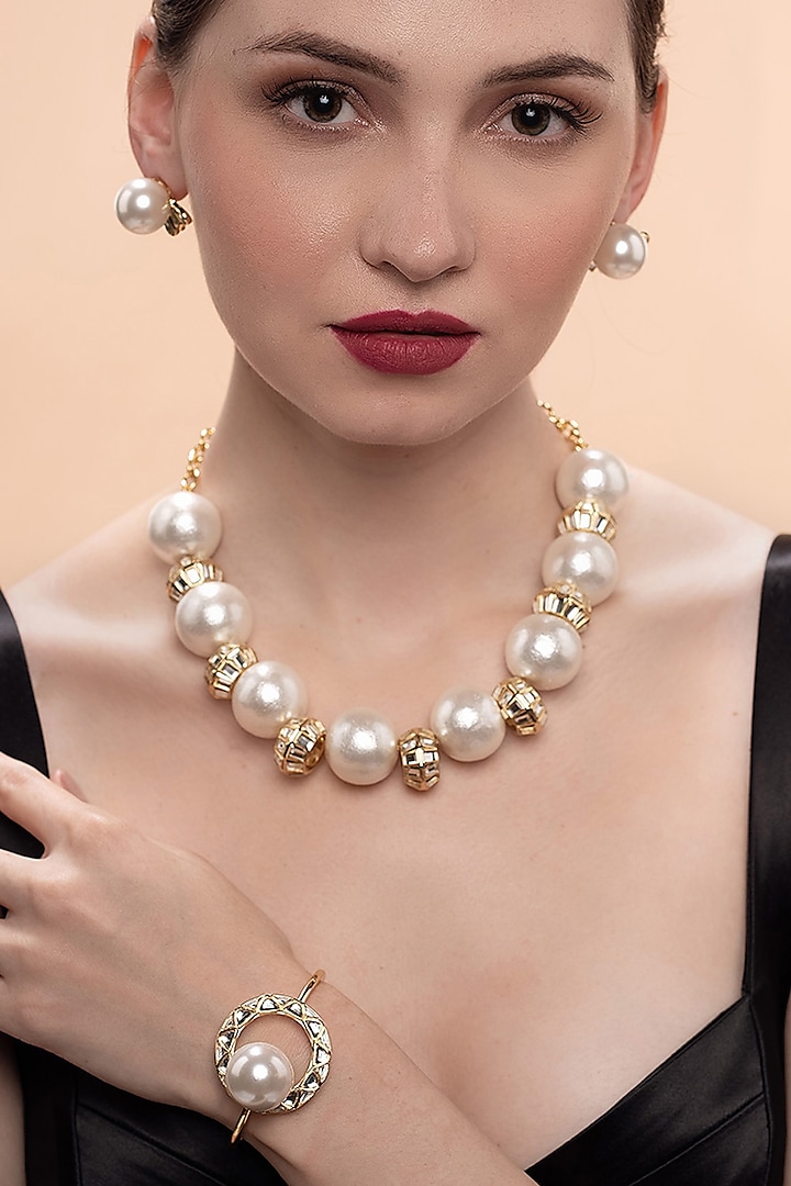 Gold Plated Mirror & Pearl Earrings by Isharya