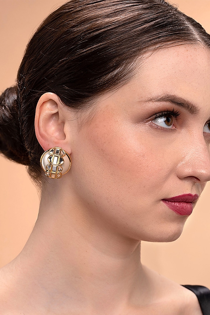 Gold Plated Shell Pearl Stud Earrings by Isharya