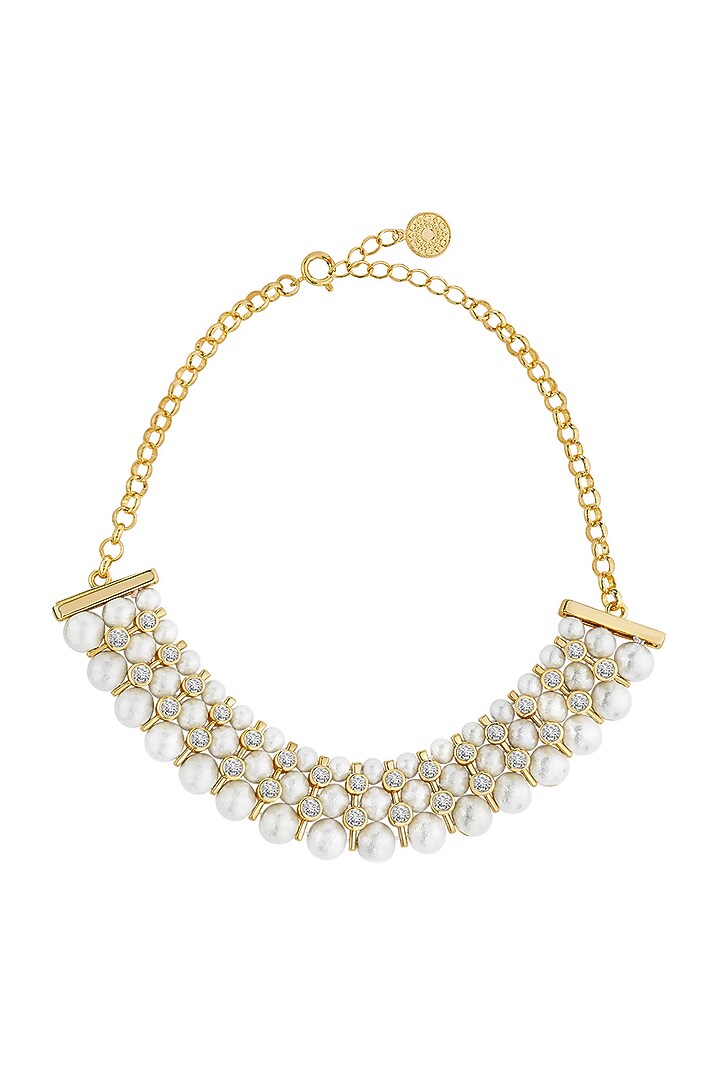 Gold Plated Pearl & CZ Choker Necklace Design by Isharya at Pernia's
