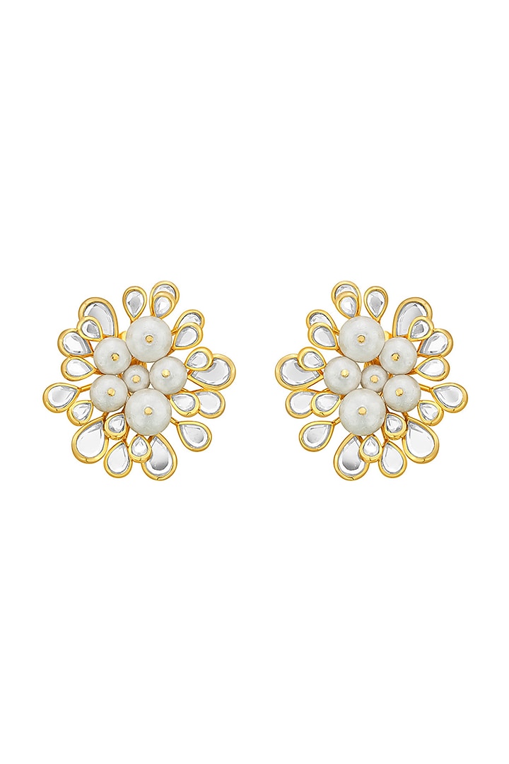 Gold Finish Pearl & Mirror Stud Earrings by Isharya at Pernia's Pop Up Shop