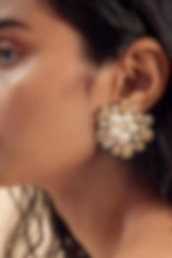 Gold Finish Pearl & Mirror Stud Earrings by Isharya