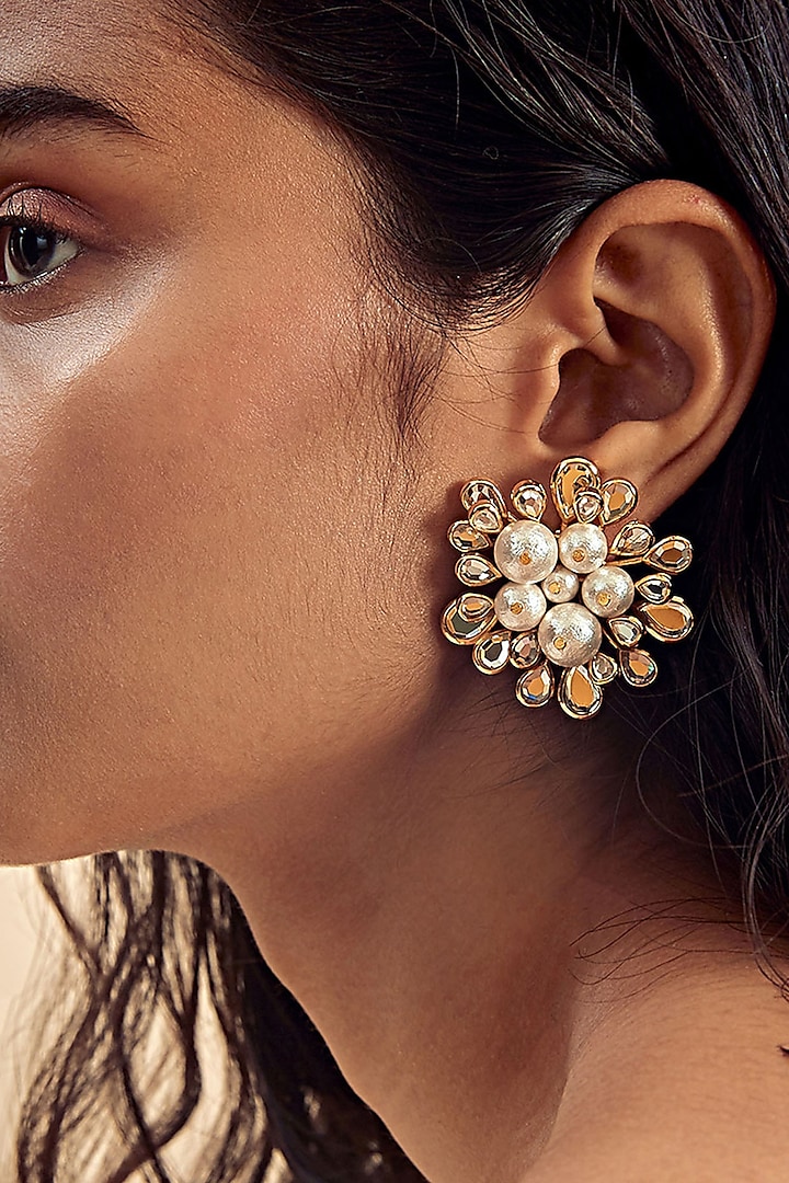 Gold Finish Pearl & Mirror Stud Earrings by Isharya