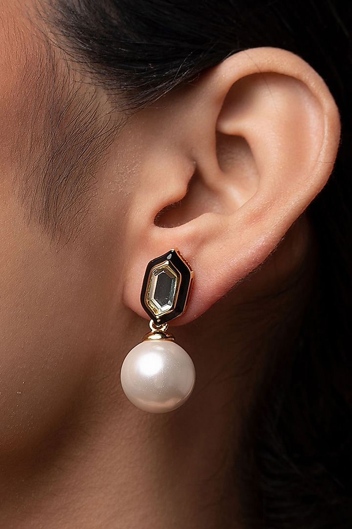 Gold Plated Mirror & Pearls Stud Earrings by Isharya at Pernia's Pop Up Shop