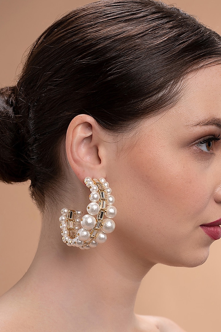 Gold Plated Mirror & Pearls Hoop Earrings by Isharya