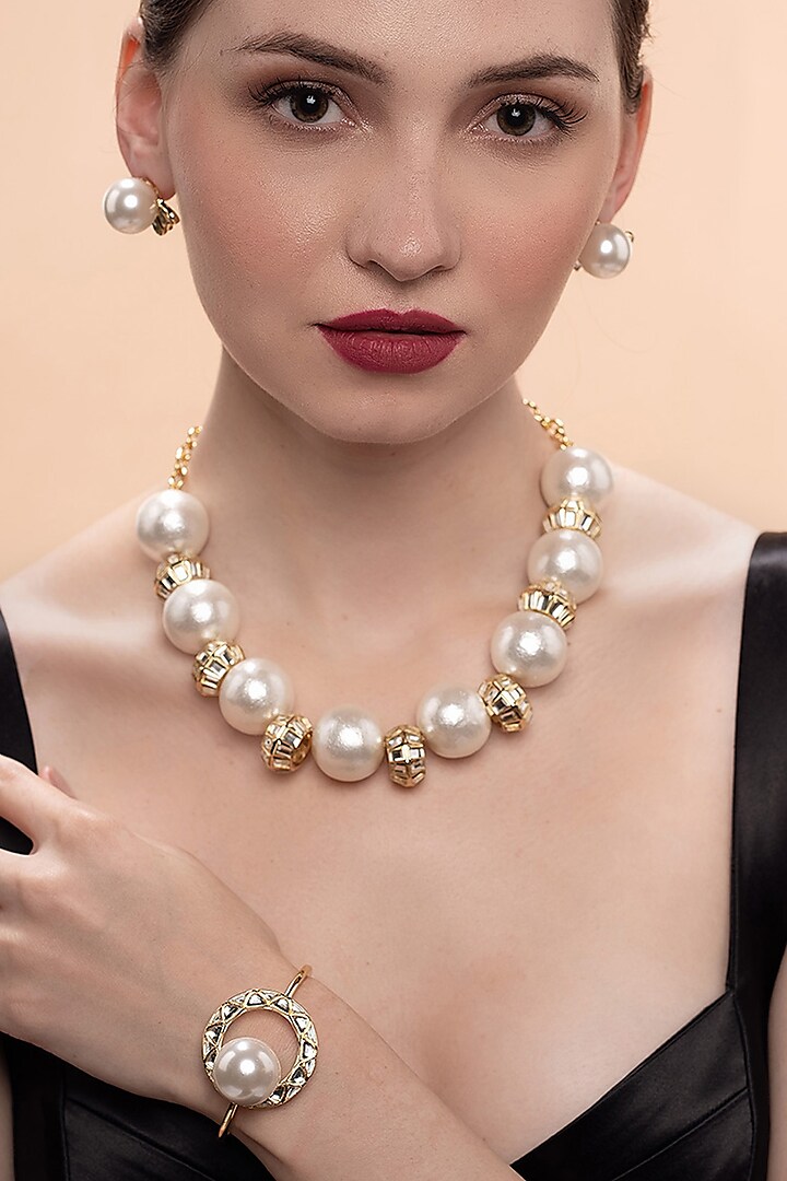Gold Plated Mirror & Pearl Choker Necklace by Isharya