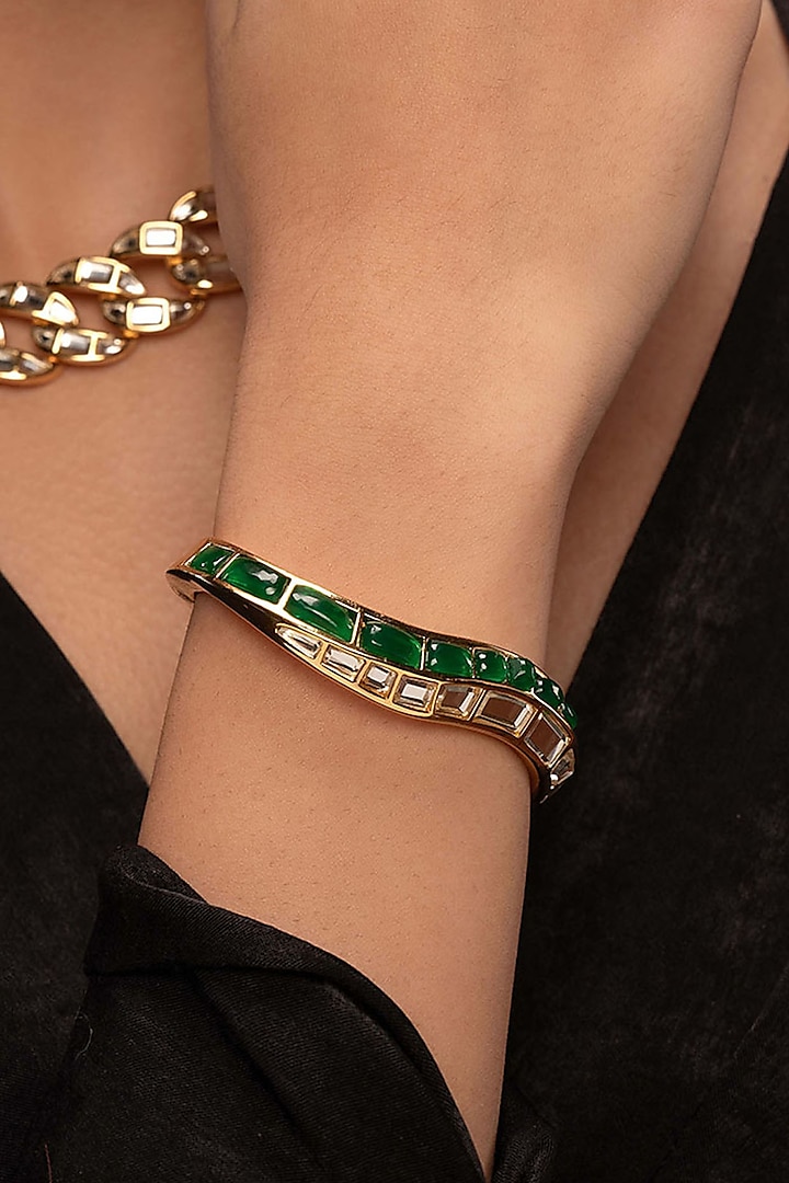 Gold Plated Hydro Emerald & Mirror Irregular Cuff by Isharya at Pernia's Pop Up Shop