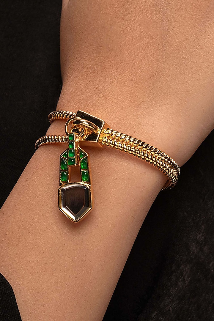 Gold Plated Hydro Emerald & Mirror Zip Cuff by Isharya at Pernia's Pop Up Shop