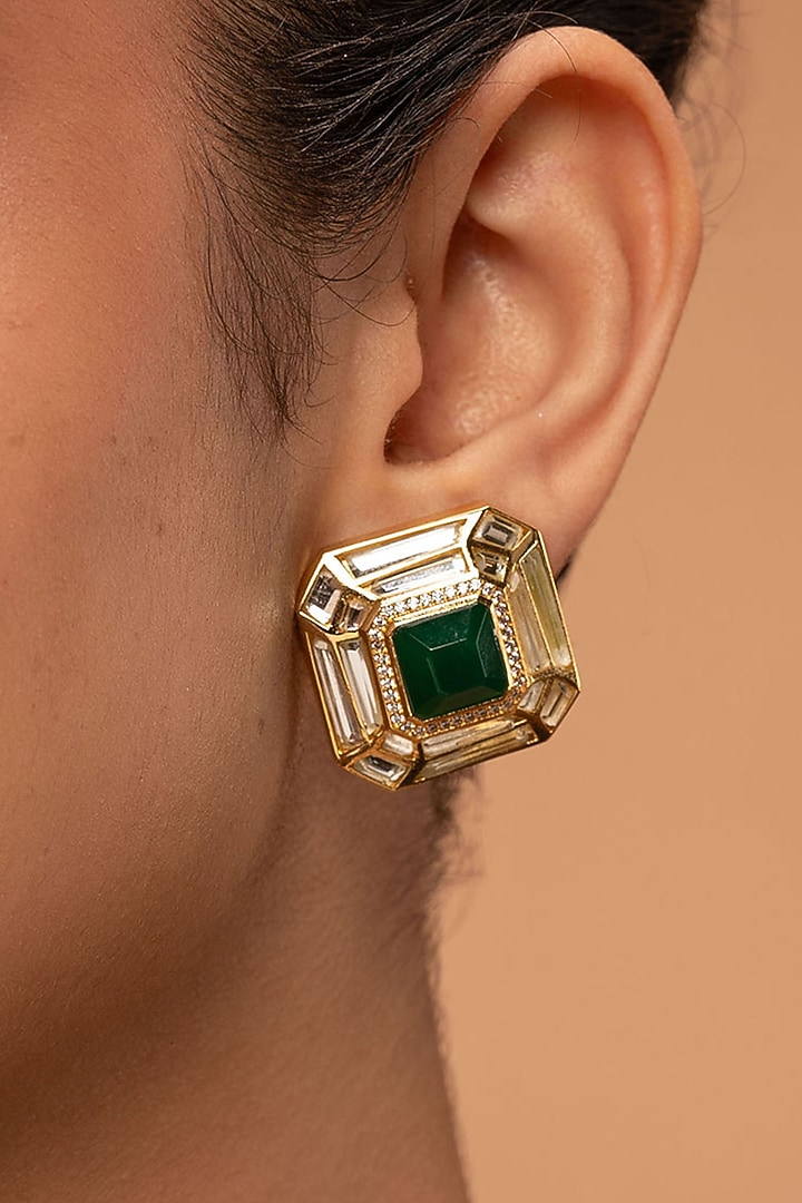Gold Plated Hydro Emerald & Mirror Stud Earrings by Isharya at Pernia's Pop Up Shop