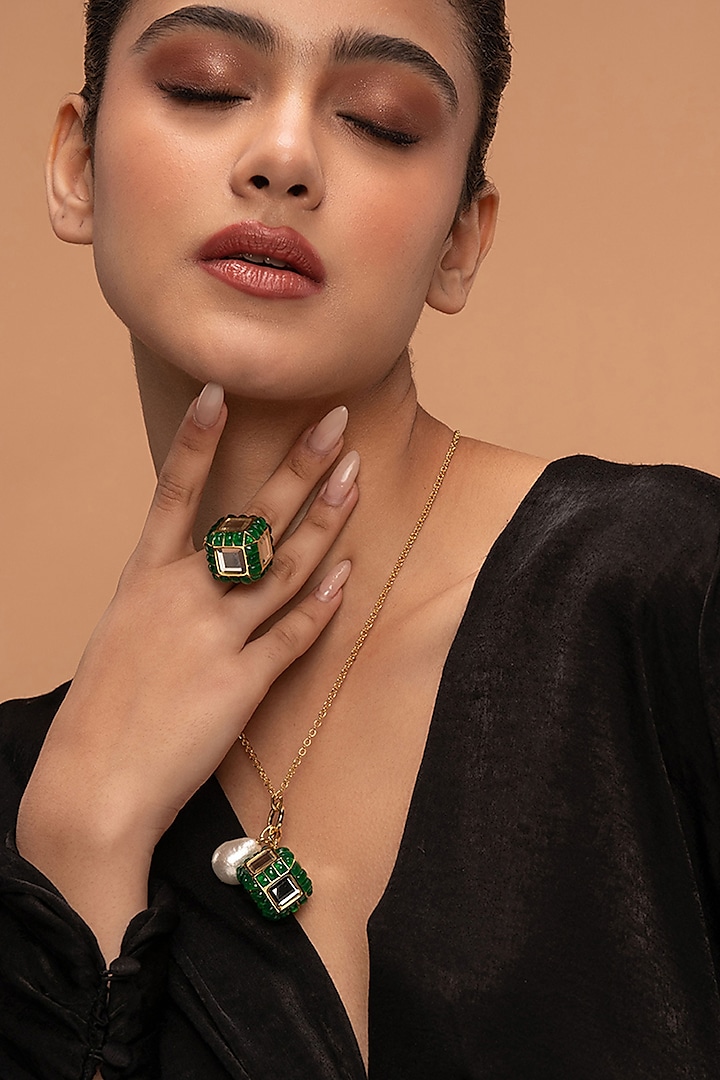 Gold Plated Hydro Emerald & Mirror Dice Ring by Isharya at Pernia's Pop Up Shop