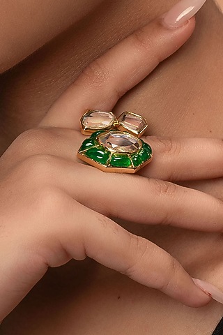 Gold Plated Mirror & Hydro Emerald Open Ring by Isharya
