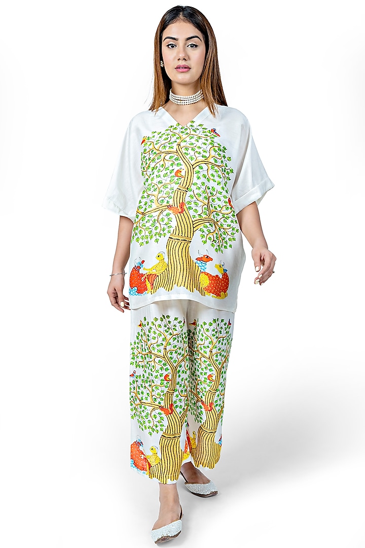 White Co-Ord Set With Multi Colored Print by Ishreen kaur