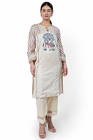 Beige Printed & Embroidered Kurta by Ishreen kaur