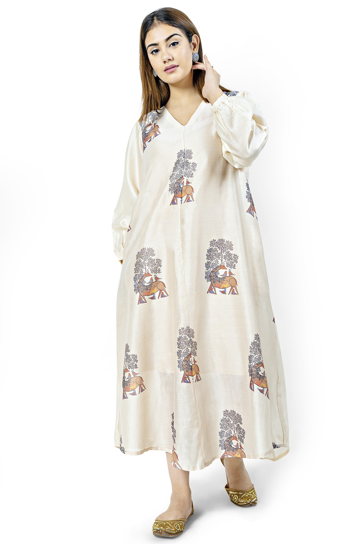 Beige Printed A-Line Dress by Ishreen kaur