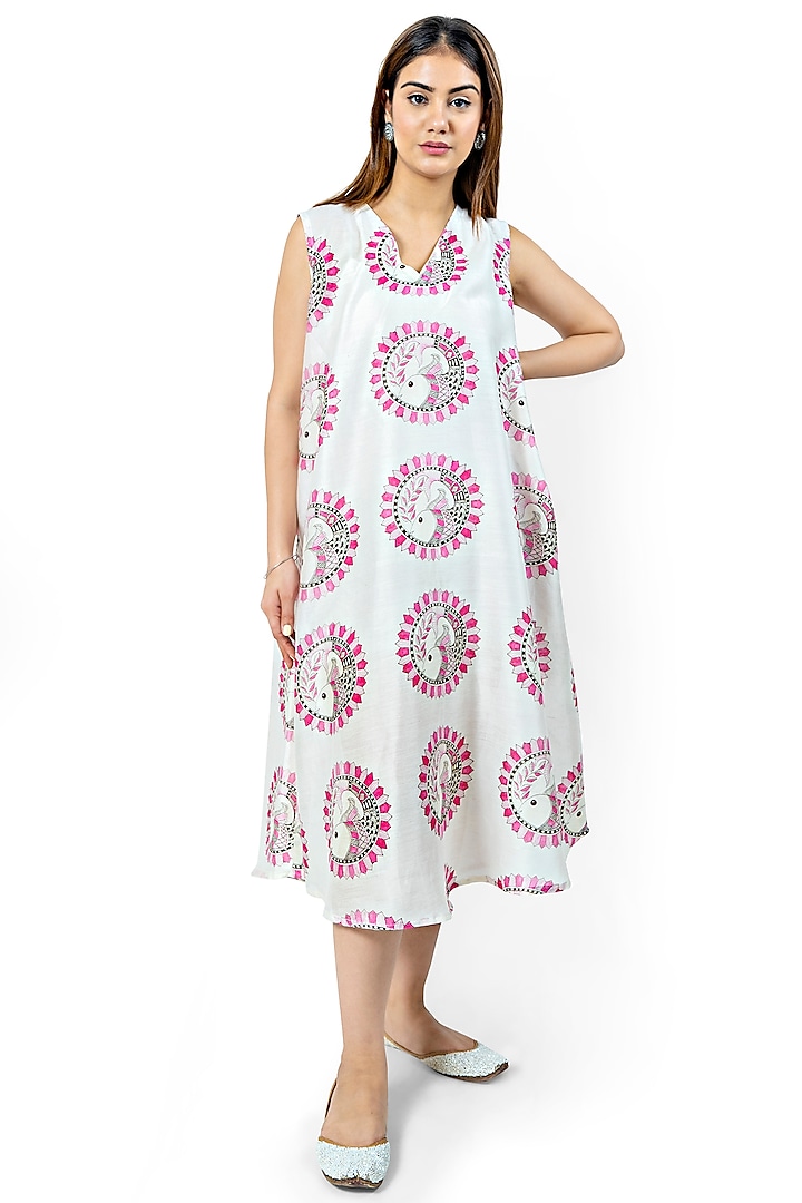 White & Pink Printed A-Line Dress by Ishreen kaur