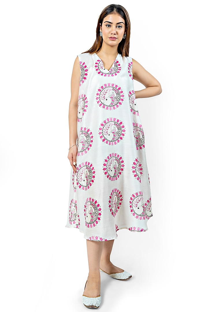 White & Pink Printed A-Line Dress by Ishreen kaur