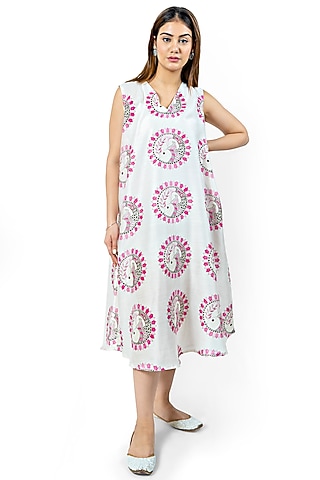 White & Pink Printed A-Line Dress by Ishreen kaur