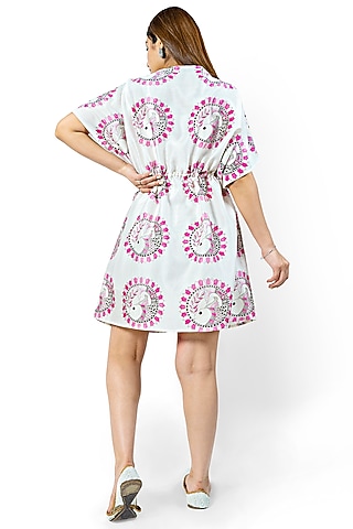 White & Pink Printed Dress With Rope Tie by Ishreen kaur