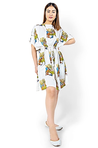 White Printed Dress With Rope Tie by Ishreen kaur