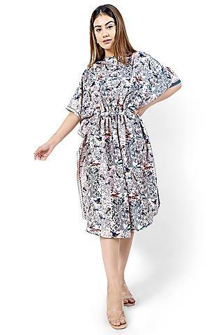 Nude Printed & Gathered Kaftan Dress by Ishreen kaur