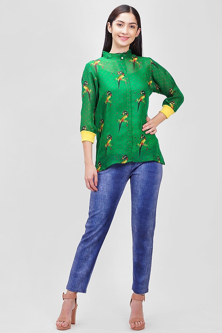 Green Printed Pleated Top by Ishreen kaur at Pernia's Pop Up Shop