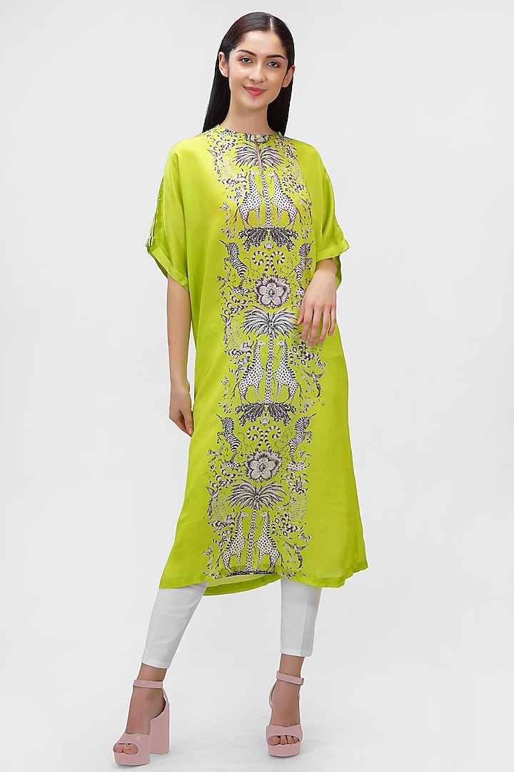 Lime Green Printed Kaftan by Ishreen kaur at Pernia's Pop Up Shop