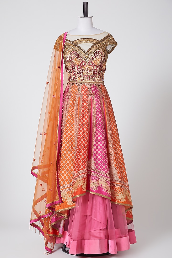 Orange Embellished Anarkali Set by Irrau by Samir Mantri at Pernia's Pop Up Shop