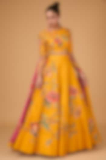 Amber Dupion Floral Printed & Hand Embroidered Wedding Lehenga Set by Irrau by Samir Mantri at Pernia's Pop Up Shop