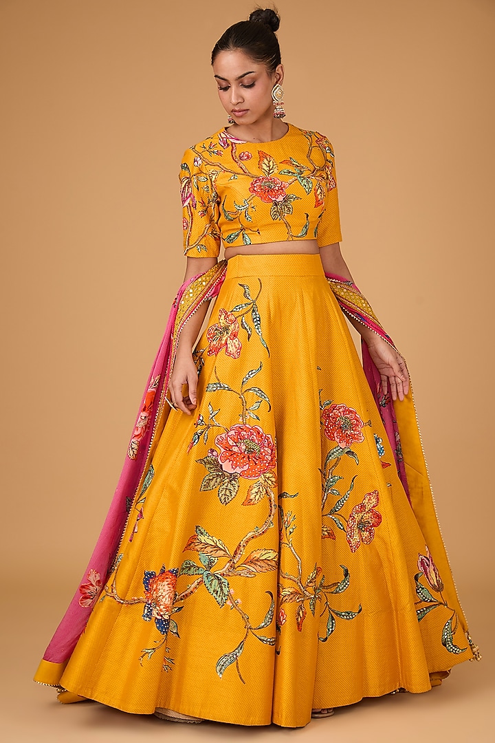 Amber Dupion Floral Printed & Hand Embroidered Wedding Lehenga Set by Irrau by Samir Mantri at Pernia's Pop Up Shop