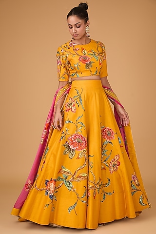 Amber Dupion Floral Printed & Hand Embroidered Lehenga Set by Irrau by Samir Mantri