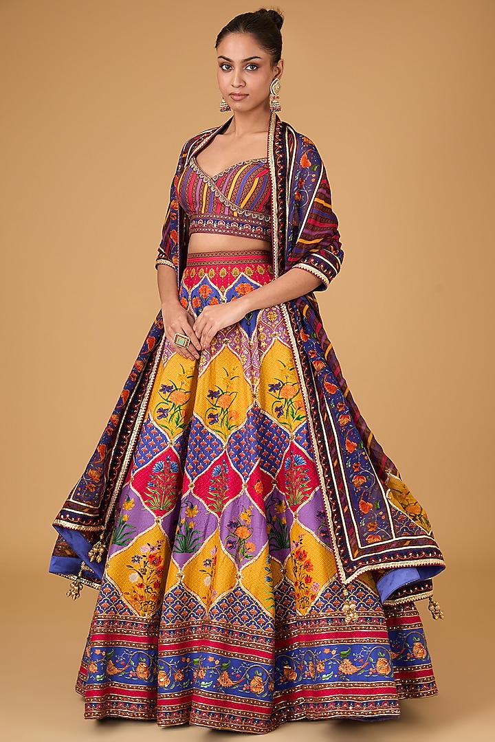 Multi-Colored Dupion Gota & Sequins Hand Embroidered Lehenga Set Design ...