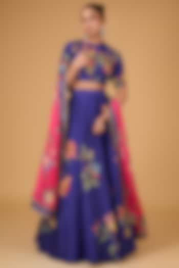 Blue Dupion Printed & Hand Embroidered Wedding Lehenga Set by Irrau by Samir Mantri at Pernia's Pop Up Shop