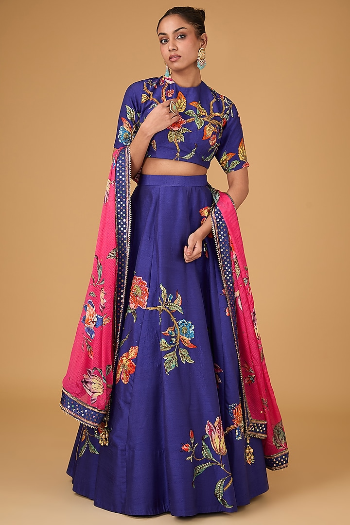 Blue Dupion Printed & Hand Embroidered Wedding Lehenga Set by Irrau by Samir Mantri at Pernia's Pop Up Shop