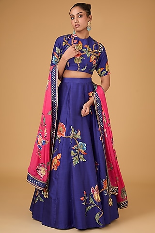 Blue Dupion Printed & Hand Embroidered Lehenga Set by Irrau by Samir Mantri