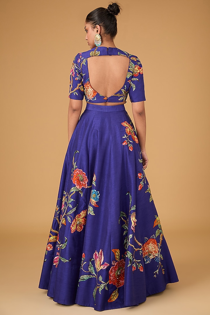 Blue Dupion Printed & Hand Embroidered Wedding Lehenga Set by Irrau by Samir Mantri at Pernia's Pop Up Shop