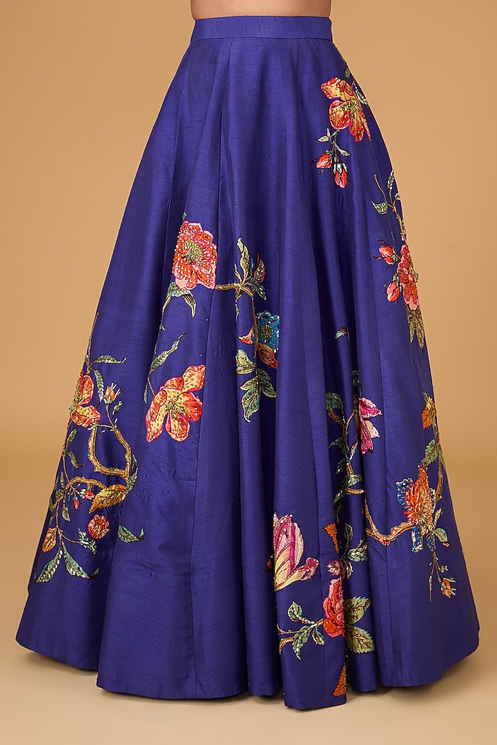 Blue Dupion Printed & Hand Embroidered Wedding Lehenga Set by Irrau by Samir Mantri at Pernia's Pop Up Shop