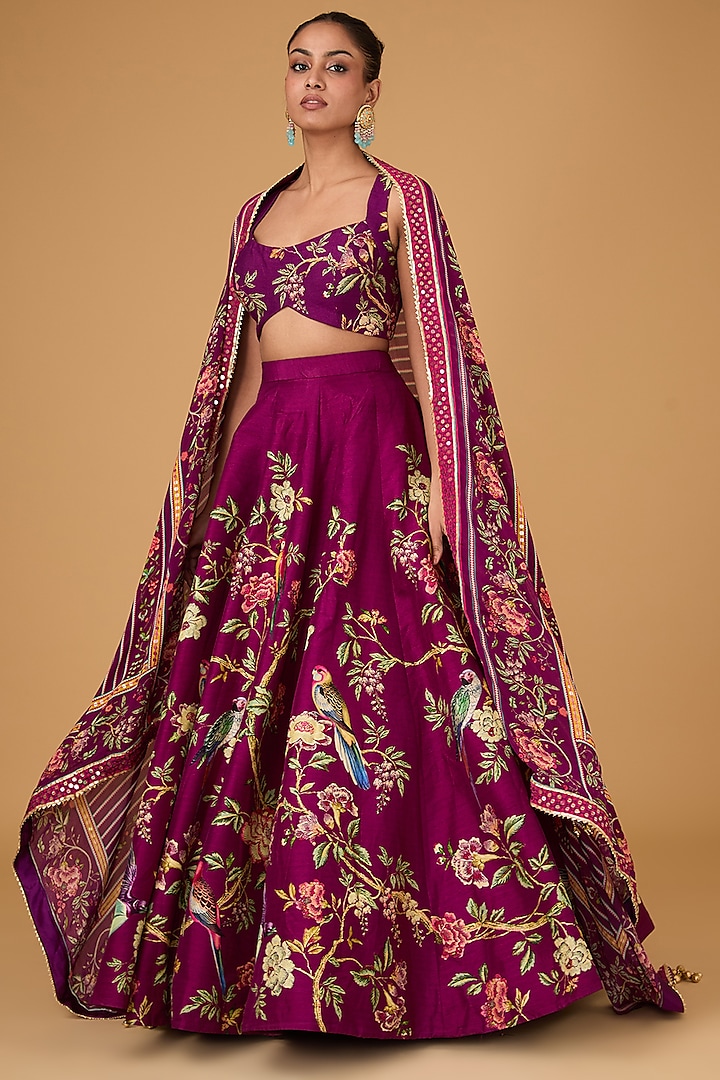 Plum Dupion Tropical Vine Printed Wedding Lehenga Set by Irrau by Samir Mantri at Pernia's Pop Up Shop