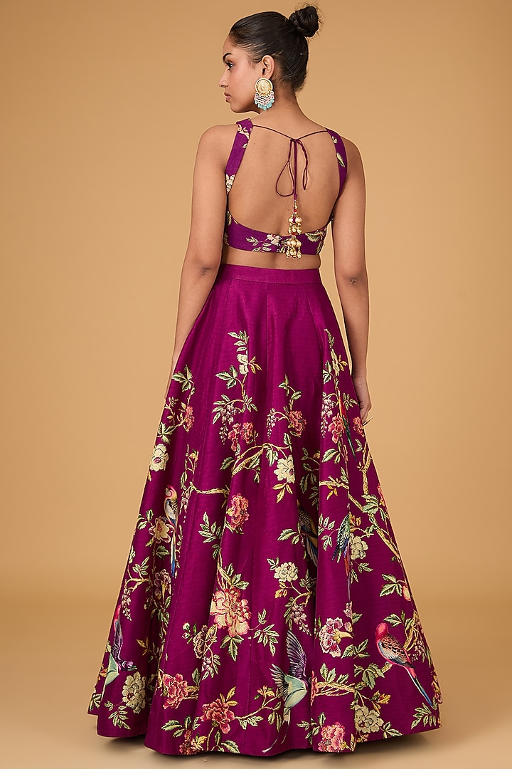Plum Dupion Tropical Vine Printed Wedding Lehenga Set by Irrau by Samir Mantri at Pernia's Pop Up Shop