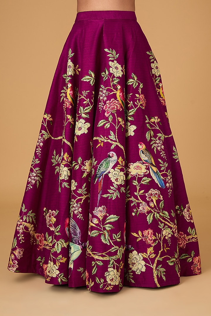 Plum Dupion Tropical Vine Printed Wedding Lehenga Set by Irrau by Samir Mantri at Pernia's Pop Up Shop