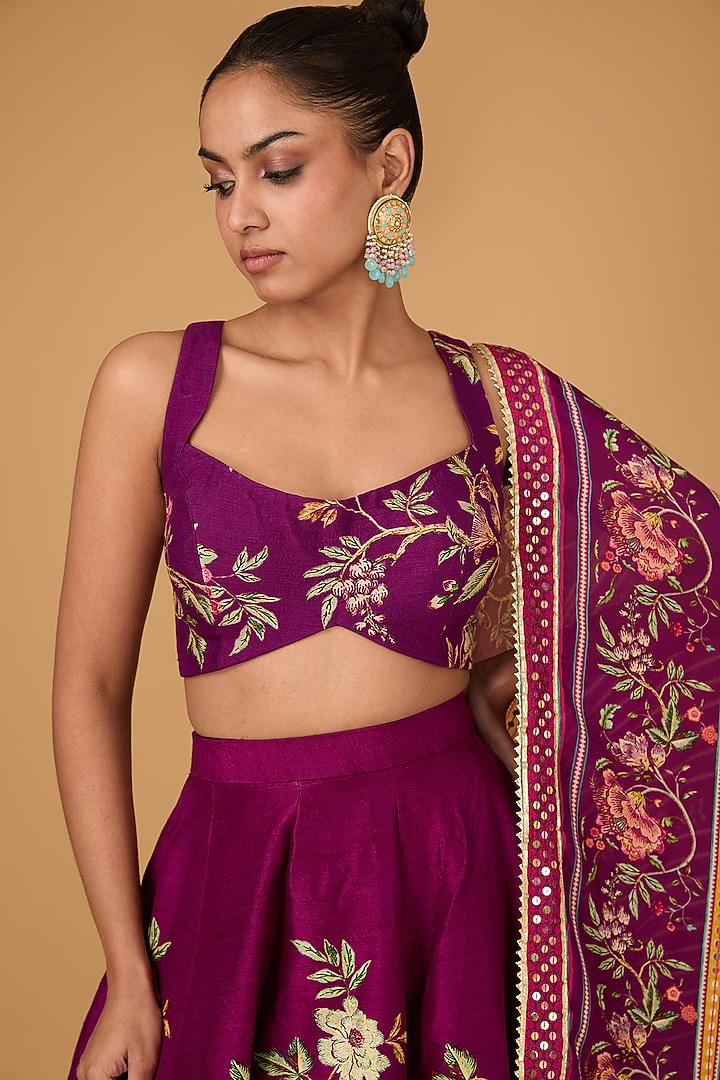 Plum Dupion Tropical Vine Printed Wedding Lehenga Set by Irrau by Samir Mantri at Pernia's Pop Up Shop