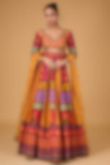 Multi-Colored Dupion Chevron & Motif Printed Wedding Lehenga Set by Irrau by Samir Mantri at Pernia's Pop Up Shop