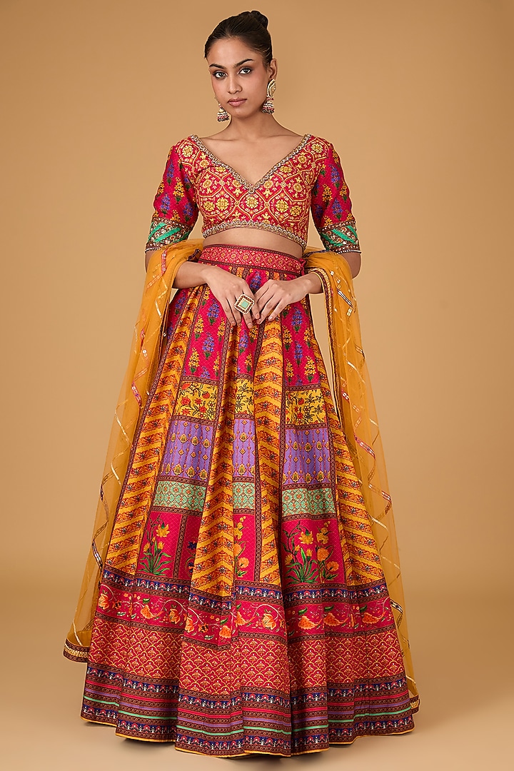 Multi-Colored Dupion Chevron & Motif Printed Wedding Lehenga Set by Irrau by Samir Mantri at Pernia's Pop Up Shop