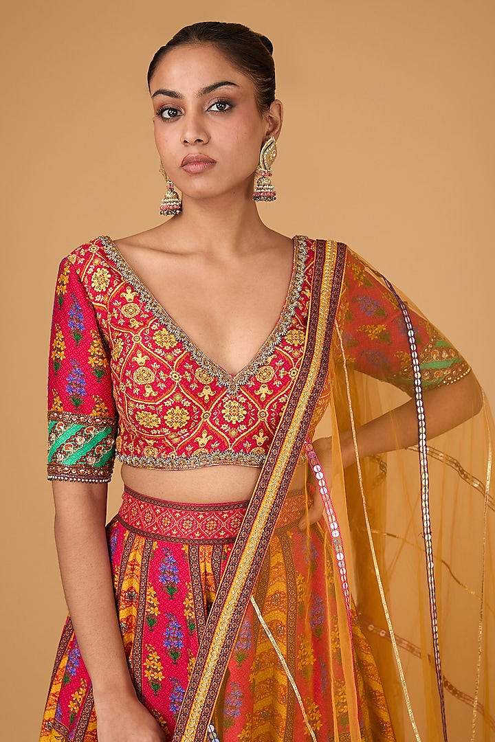 Multi-Colored Dupion Chevron & Motif Printed Wedding Lehenga Set by Irrau by Samir Mantri at Pernia's Pop Up Shop
